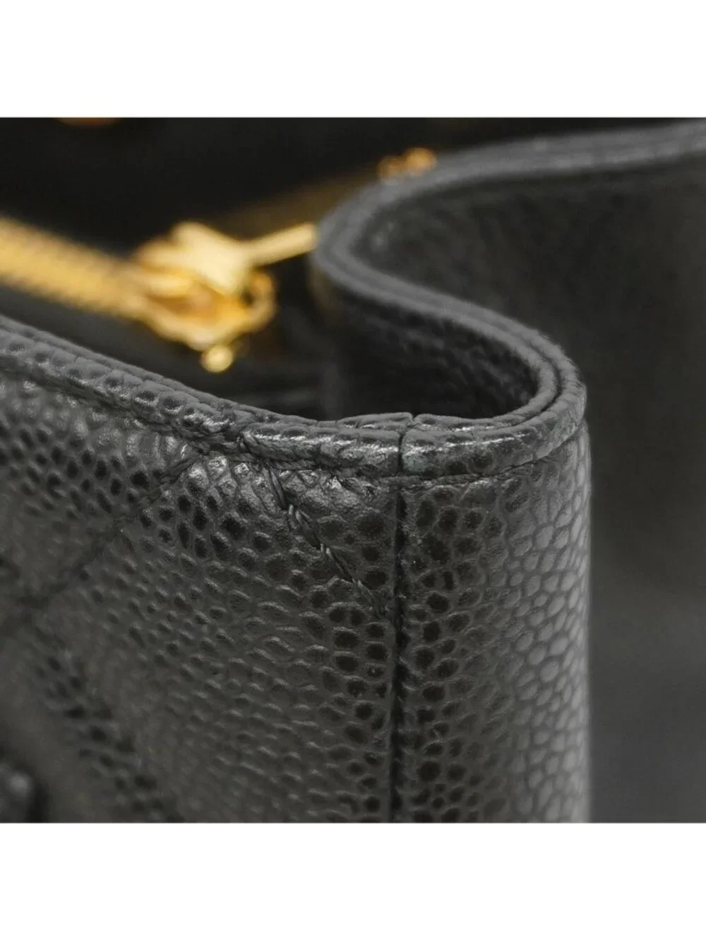 Chanel Chain Tote Bag Quilted Caviar Leather Black Gold
